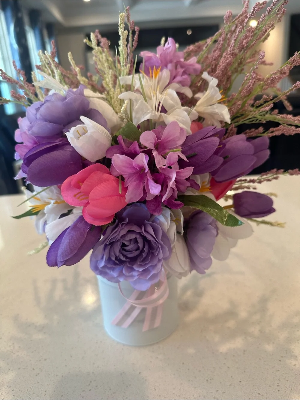 Purple & Pink Artificial Floral Arrangement in White Vase